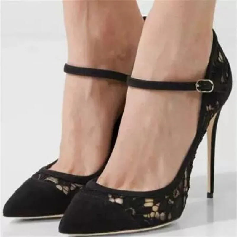 

Elegant Woman Black Suede Lace Pointed Toe Shallow Ankle Buckle Strap Stiletto Heel Banquet Pumps Fashion High Heel Party Shoes