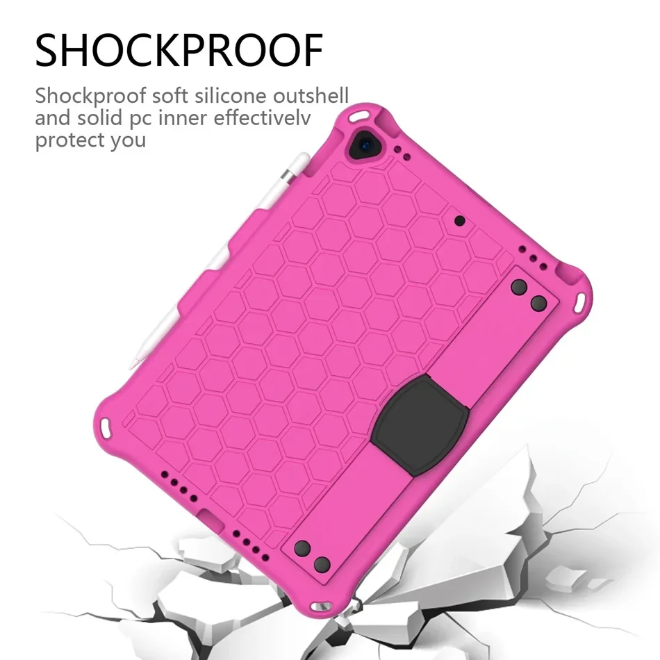 Étui IPad 10.2 (7e/8e) / Pro 10.5 / Air 10.5 - Coque Enfant Antidérapante - Poignées, Béquille Rotative 360°, Sangle Bandoulière - Rose