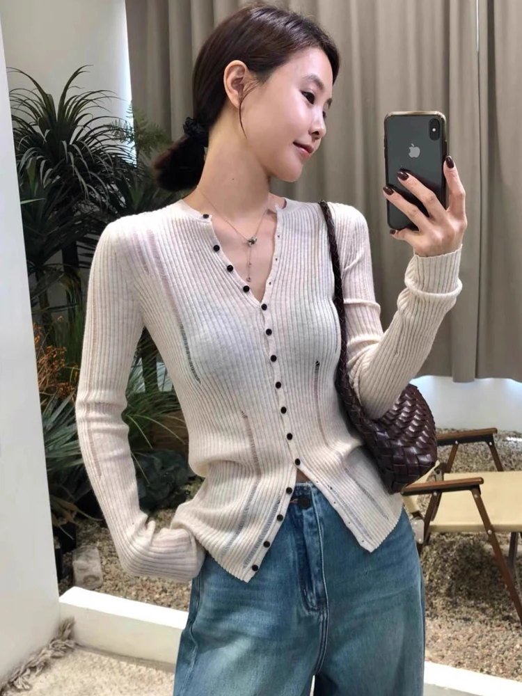 

Long Sleeved Hollowed Out Single Breasted Knitted Sweater For Women's Autumn New Style Slim Fit V-neck Cardigan Base Top