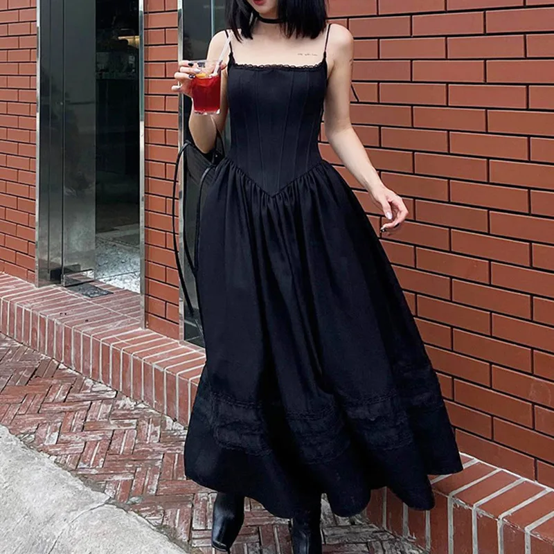 

Summer New Dark Elegant Gothic Lolita Bodycon Long Dresses Japan Korean Fashion Lace Up Women Black Dress Sexy Sling Partywear