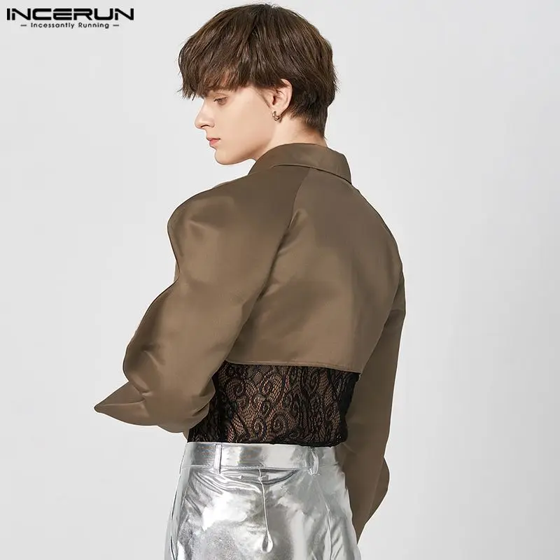 INCERUN Men Irregular Shirt Lapel Long Sleeve Streetwear Solid Color Button Male Crop Tops Loose 2024 Fashion Sexy Camisas S-5XL