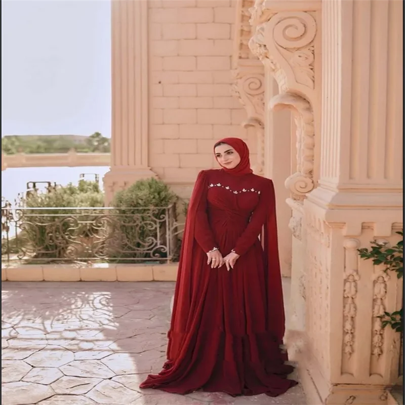 Arabisches elegantes Abendkleid O-Ausschnitt Chiffon mit langen Ärmeln A-Linie Abendkleid Muslimisches individuelles Hochzeitskleid Meerjungfrau