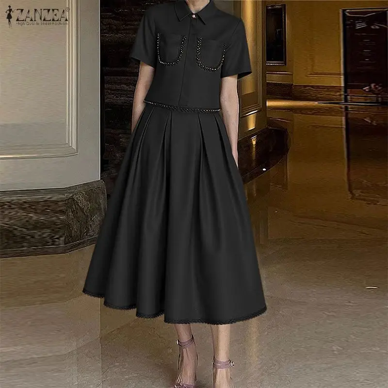 ZANZEA Women's Elegant Lace Trim Skirt Suits Casual Short Sleeve Cropped Shirt & Pleated A-Line Skirts 2 Pieces Sets Outfits 3XL