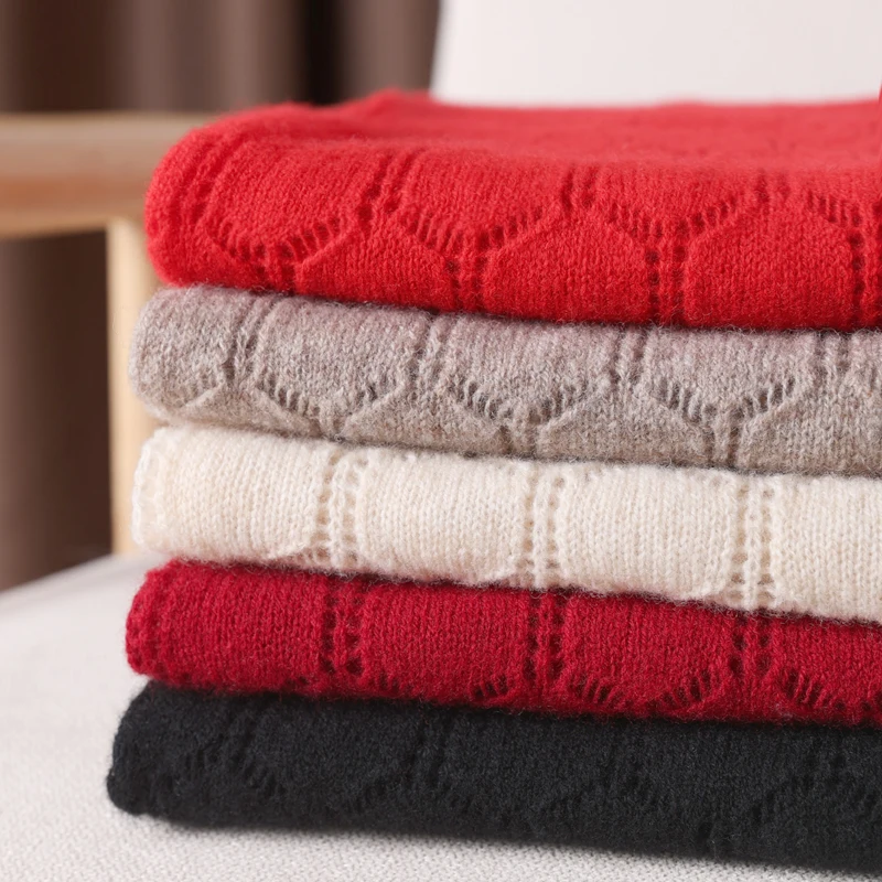 Women\'s Cashmere Shawl 100% Merino Wool Hollowed-out Check Fashion Shawl Hollowed-out Four Seasons Women\'s Solid Color Scarf