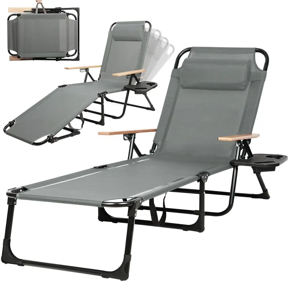 

Chaise Lounge Chair with 4Position Adjustable Backrest, Patio Folding Sun Tanning Chair, Pillow amp Cup Holder, Portable Recline