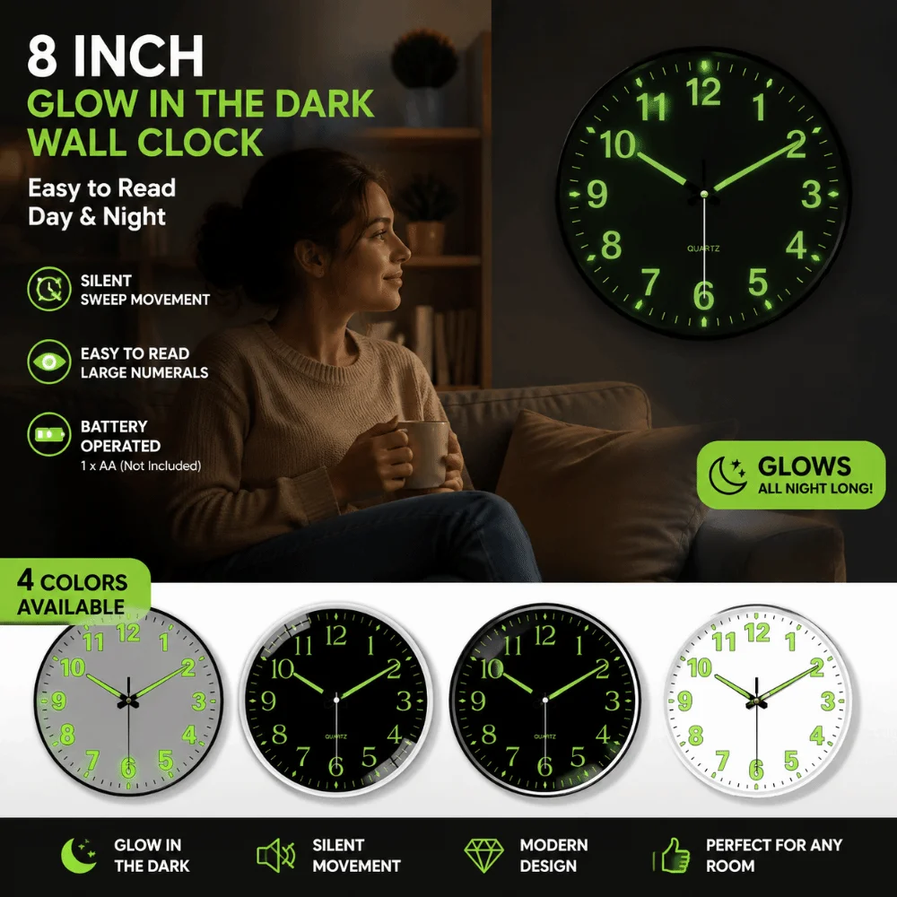 Minimalist Silent Luminous Wall Clock 8 Inch Easy to Read Glowing Hanging Clock Round Wall Decor Quartz Wall Clock Dorm