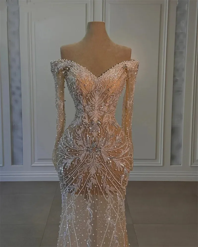 럭셔리 진주 웨딩 드레스 우아한 긴 소매 스팽글 레이스 인어 신부 가운 오프 어깨 구슬 신부 드레스 맞춤형