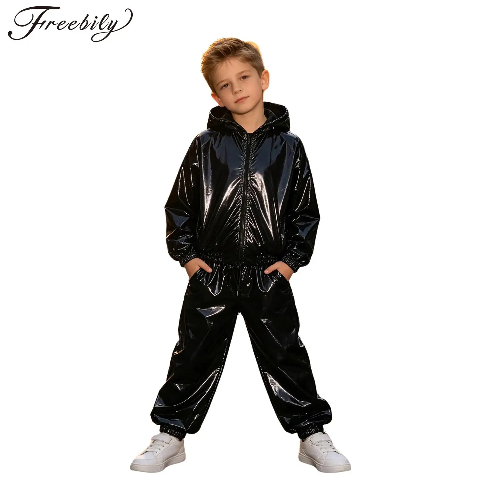 Kids Hip Hop Outfit Streetwear Jazz Street Dance Costume Fashion Boys Water Resistant Drawstring Hooded Jacket with Jogger Pants