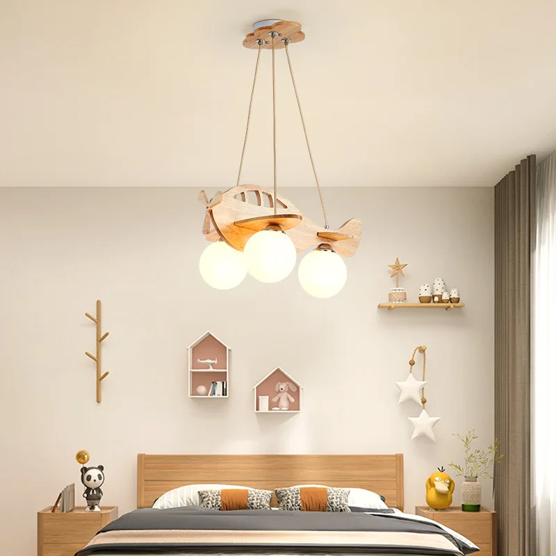 Wooden Airplane Chandelier for Children's Room Boy's Restaurant  Creative Cartoon Modern Bedroom Kindergarten Hanging Lights