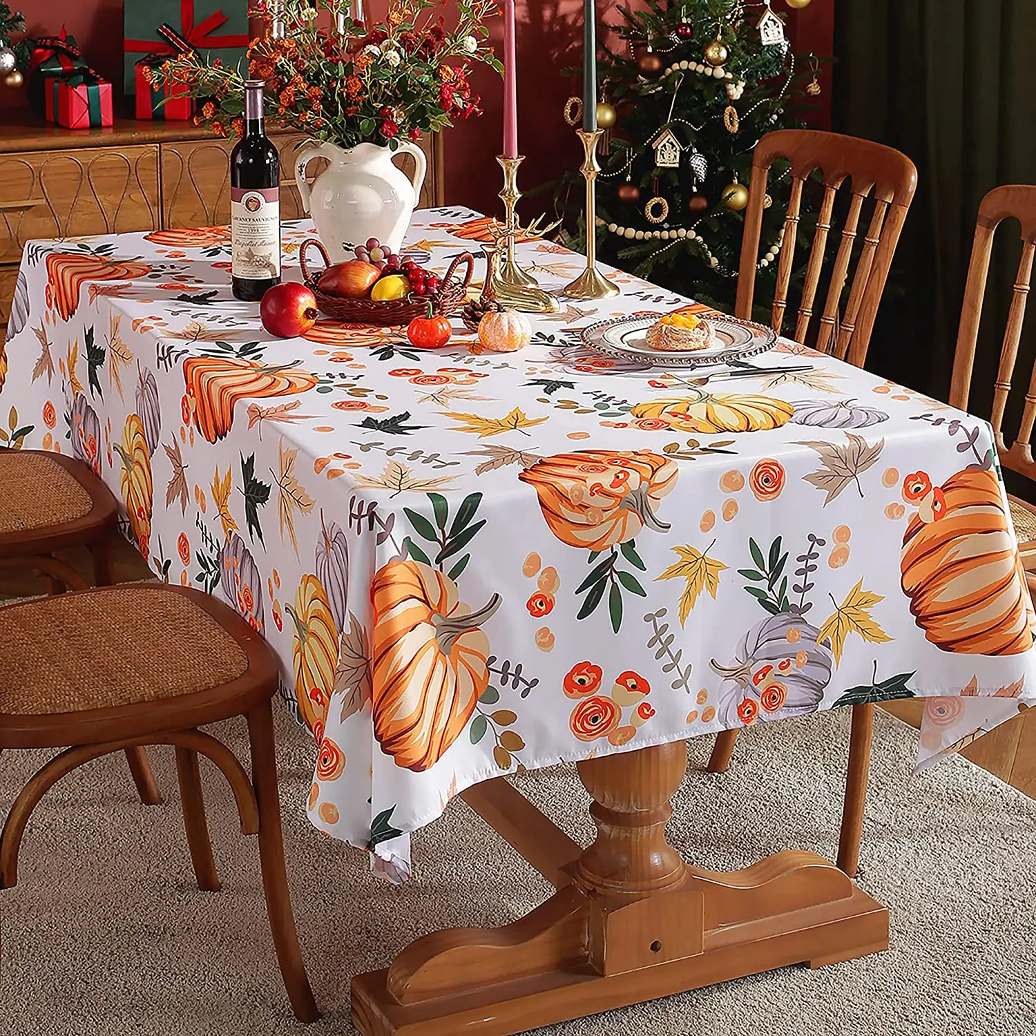 Autumn Pumpkin Maple Leaf Rectangle Tablecloth Kitchen Dining Table Decor Reusable Waterproof Tablecloth Holiday Party Decor