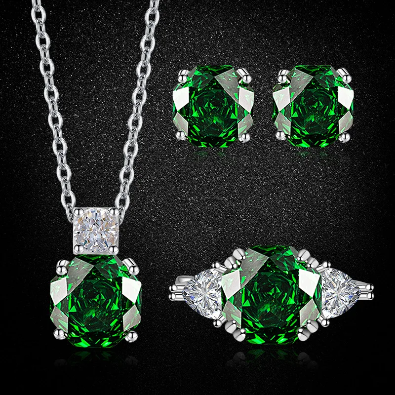 

S925 Sterling Silver 3‑Piece Set, Octagonal Green High‑Carbon Diamond Millennium Rose Cut Ring Earrings Pendant