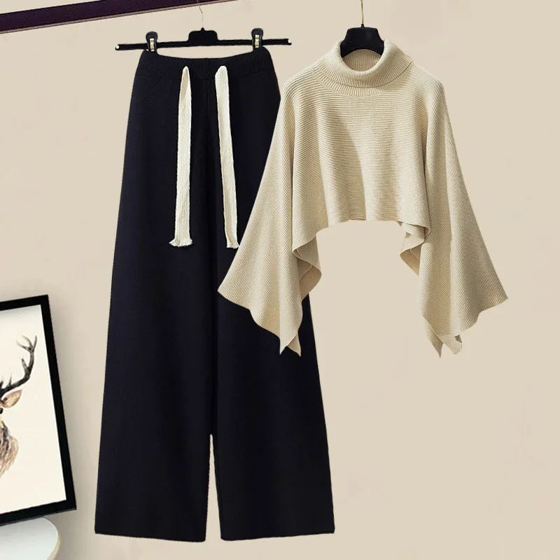 Fall Winter Knitted Two Pieces Sets For Women Clothings 2024 Turtleneck Irregular Cloak+high Waist Wide Leg Knitting Pants Sets