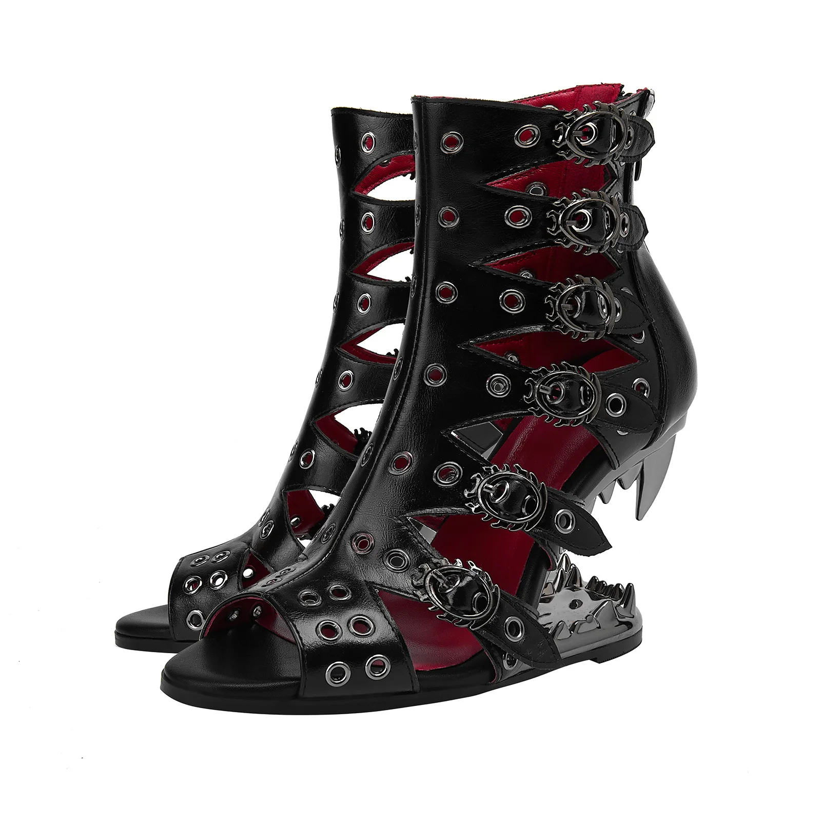 

Gladiator Fang Open-Toe Roman Sandals Large Size Hollow Back Zipper Short Boots Fashion Tooth-Shaped Heels Women's Shoes