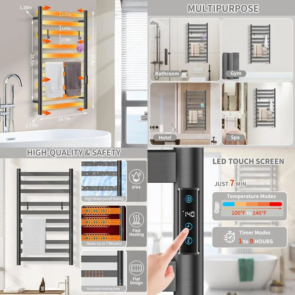 

Большой 10-секционный электрический настенный полотенцесушитель из нержавеющей стали с LED-таймером и быстрым нагревом, черный