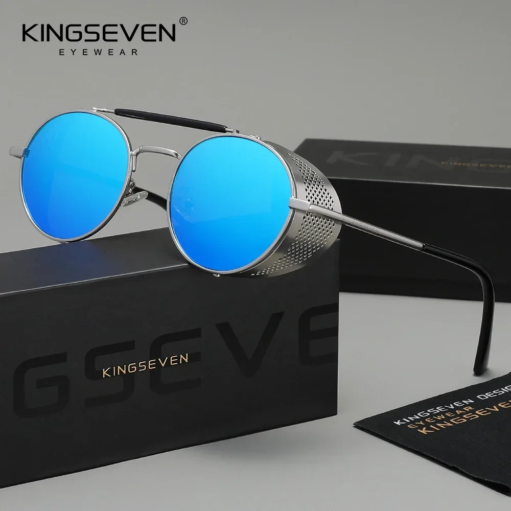 KINGSEVEN Vintage Steampunk Sonnenbrille Polarisiert UV400 für Männer und Frauen, Modische Runde Brillen zum Autofahren und Angeln