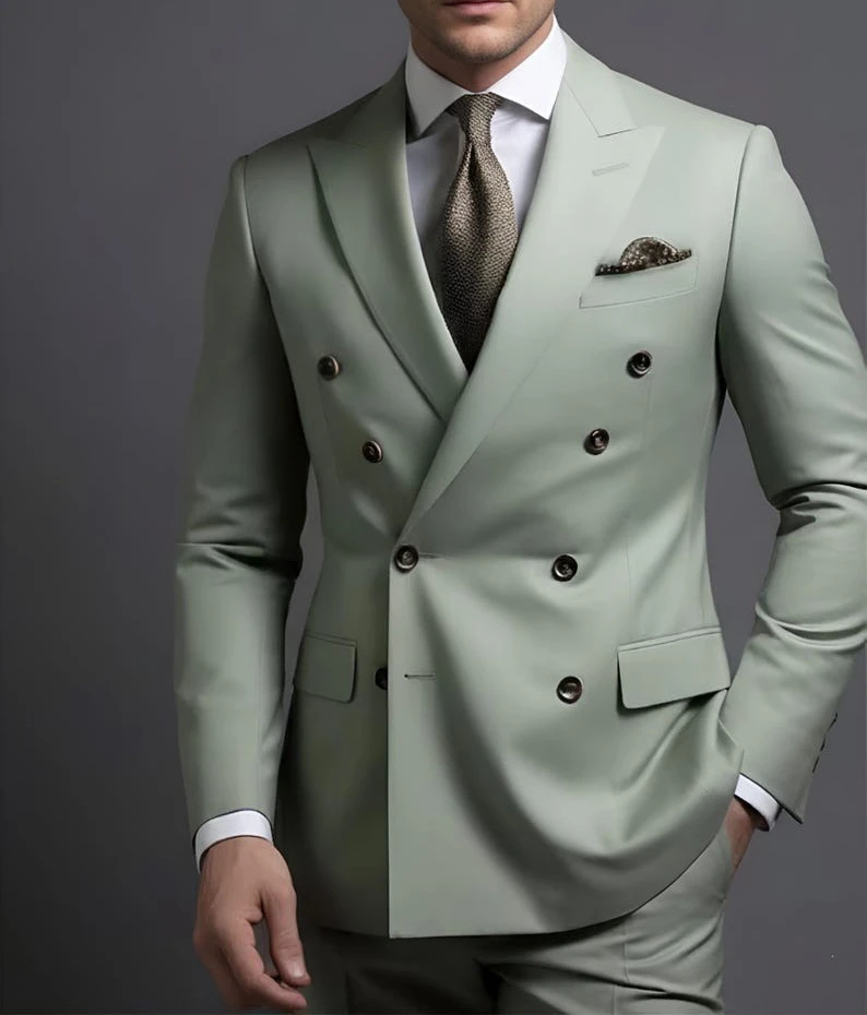 

Мужской приталенный двубортный свадебный костюм Sage Green на заказ