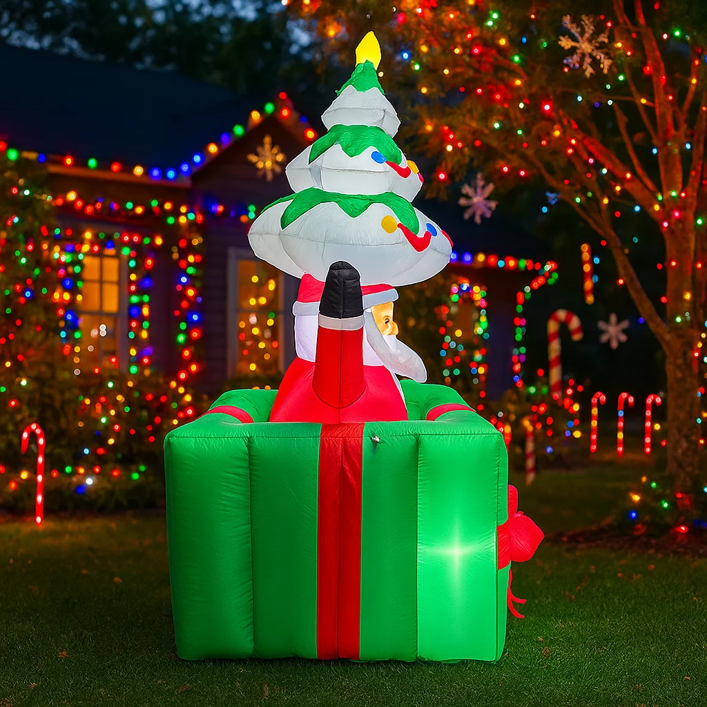5.9FT Outdoor Holiday Inflatable Decoration Santa Claus Tree Gift Box Lights Xmas Yard Ornament Christmas Home Decor Party Toy