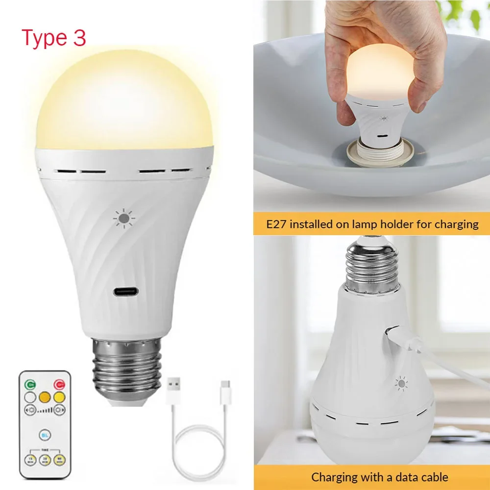 Ampoule LED 8W avec télécommande, panne de courant domestique, batterie d'urgence 2600mAh/2200mAh, lumière blanche chaude, Rechargeable par USB C