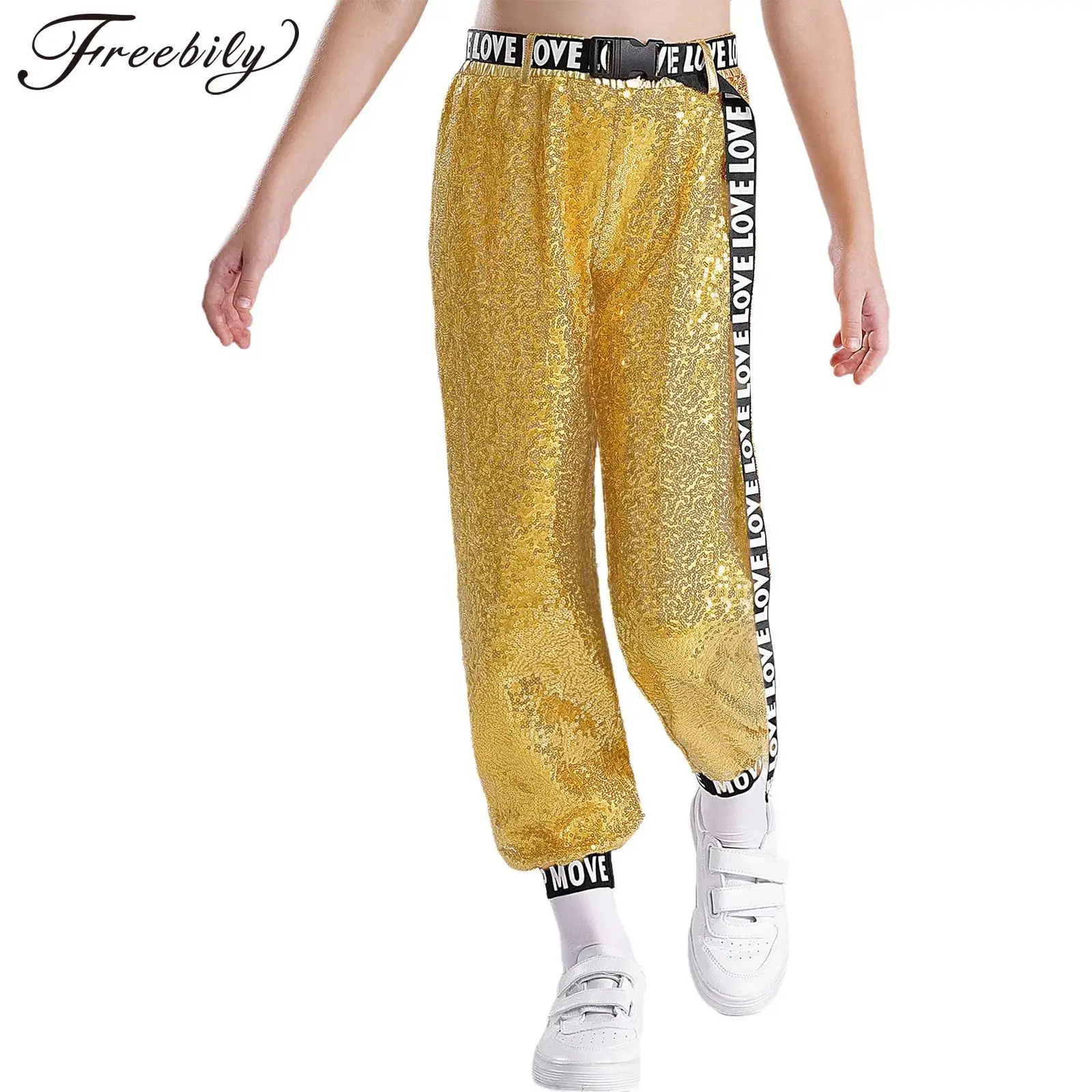 Kids Girls Hip Hop Jazz Street Dance Pants Sparkly Sequins Trouser with Letter Print Belt Teen Hiphop Stage Performance Costumes