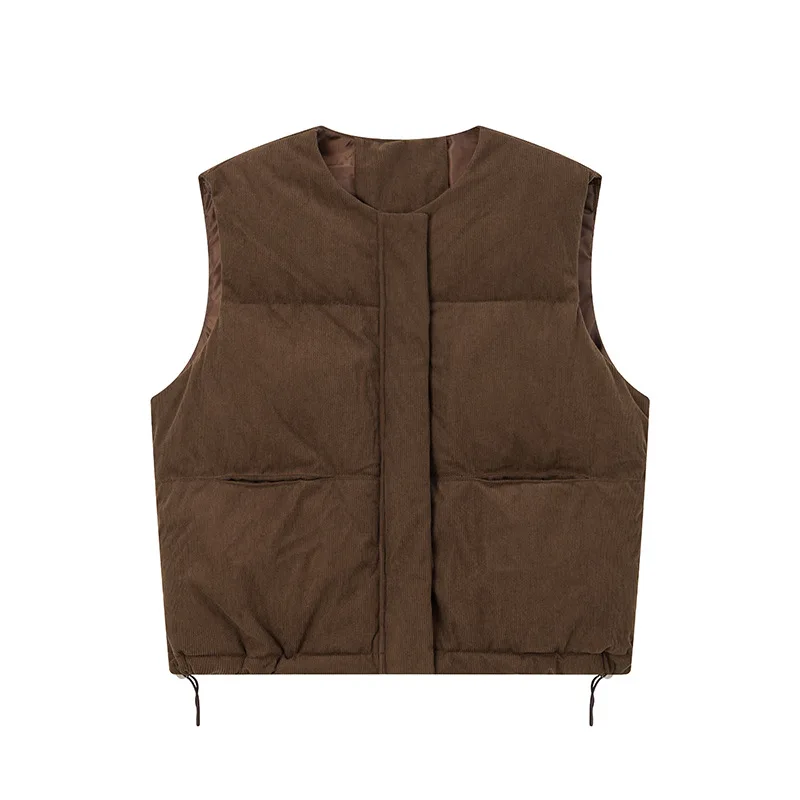 Women Solid Parkas Vest Coat Oversize Jacket Sleeveless Round Collar Zipper Thick Straight Fit Office Lady Casual Winter 2025