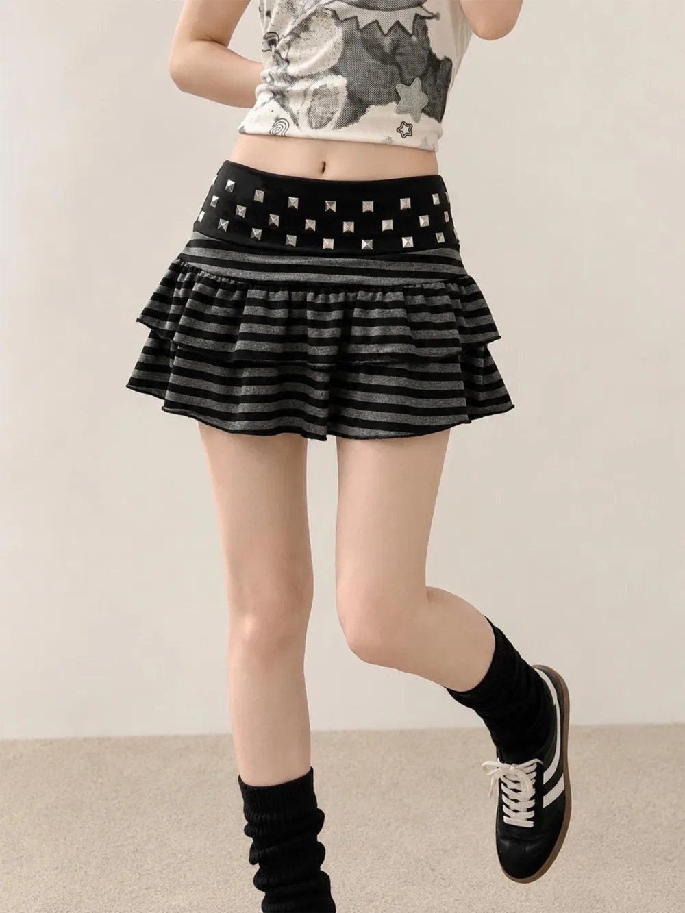 New Summer Dark Punk Subculture Stripe Multi Rivet Waist Lotus Leaf Layered Street Trend Spicy Girl Half Skirt Party Nightclub