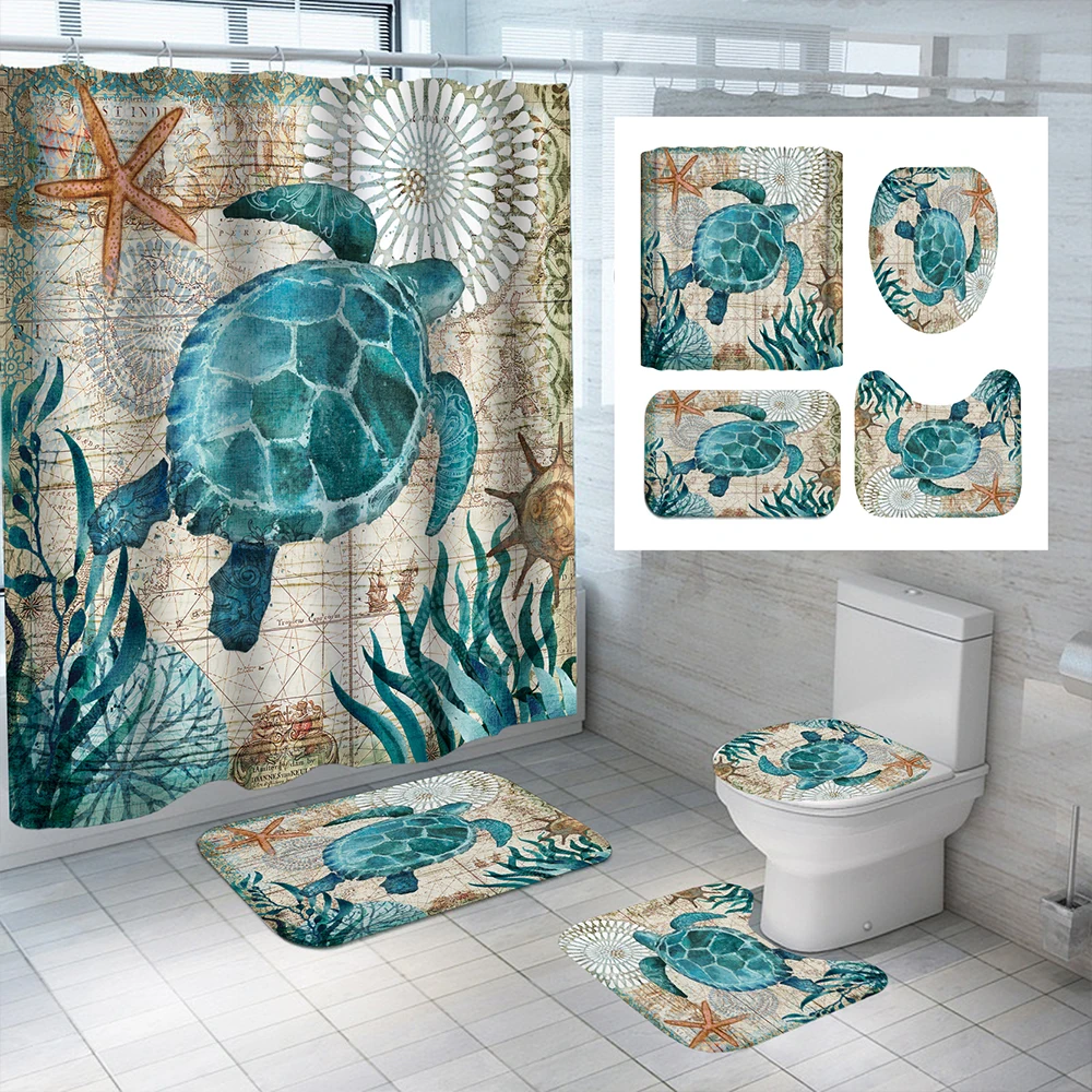 

Sea Turtle Print Shower Curtain Waterproof Marine Life Bath Mat Set Polyester Bath Curtains Carpet Toilet Rug For Bathroom Decor