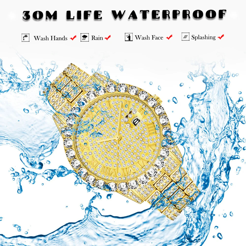 Luxury Men Watch Fashion Roman Numerals Full Diamond Quartz Wristwatch Hip Hop Bling Bling Iced Out Waterproof Clock Gift 2022