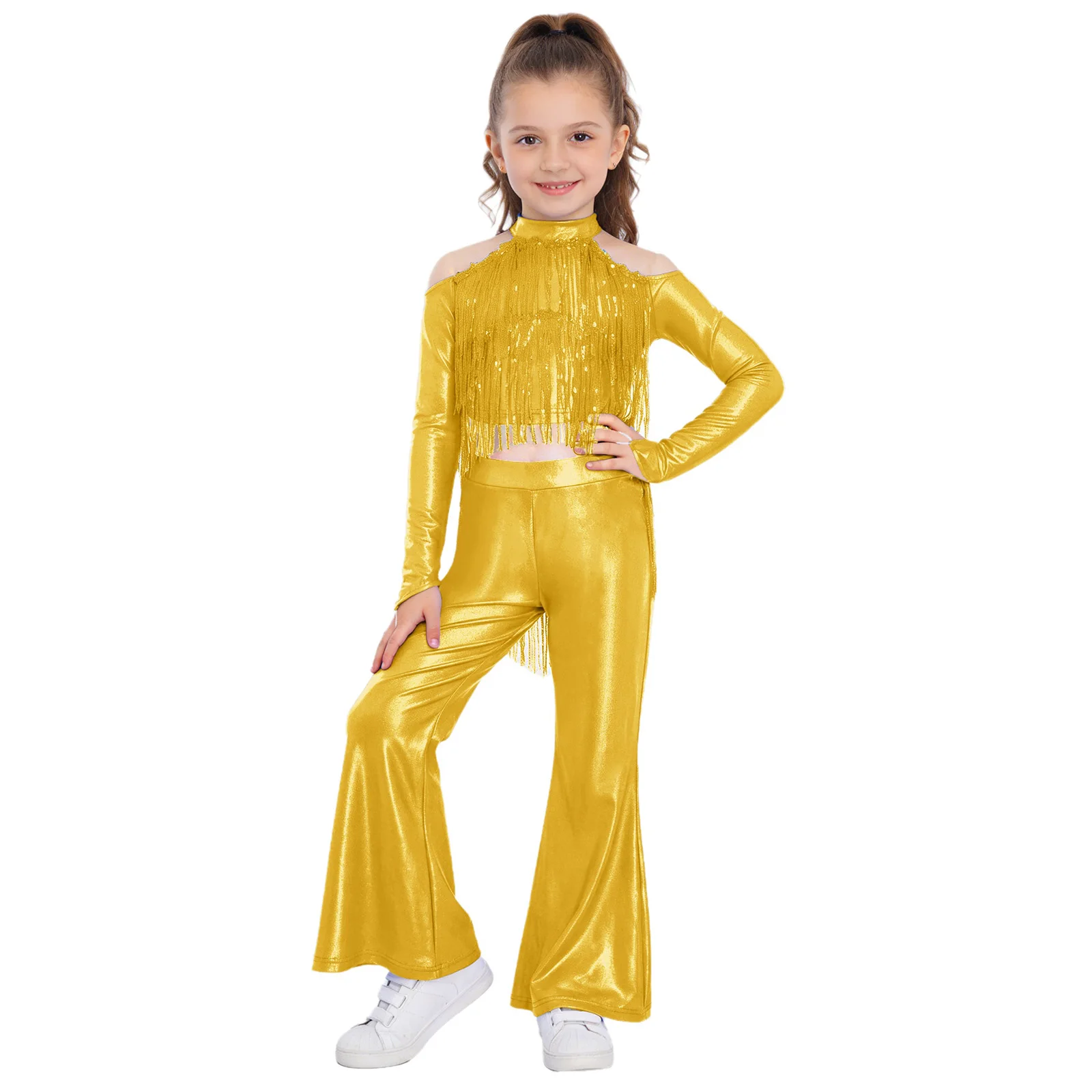 Children Girls Disco Jazz Dance Costume Movie Character Princess Cosplay Clothes Sequin Tassels Metallic Crop Top Flared Pants