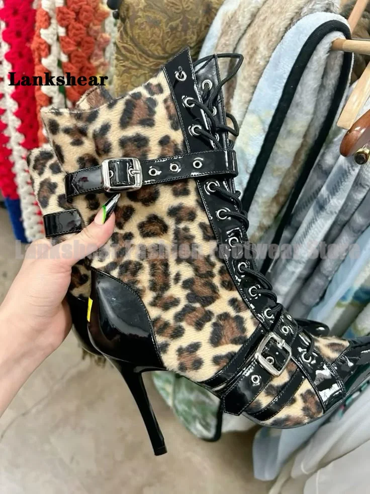 

Leopard Print Ankle Boots Multi Strap Buckle Strap Pointed Toe Stiletto Heel Sandals Boots Designer Boots Party Botas Mujer