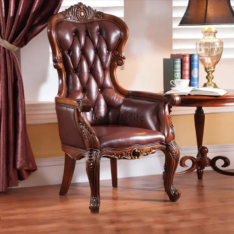 

American Style Solid Wood eather Tiger Chair Balcony Study iving Room Sofa Chair European Style