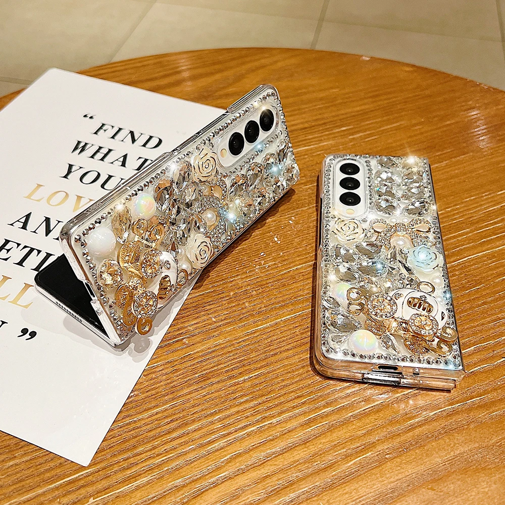 Luxury Bling Rhinestone Pumpkin Cart Crystal Clear PC Cover For Samsung Galaxy Z Fold 7 6 5 4 3 Laser Pearl Glitter Flowers Case