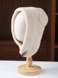 100%Wool Thick Cow Horn Buckle Balaclava Women Knitted Fashion Fake Collar Hooded Scarf Hat Soft Warm Cashmere Cycling Ski Cap