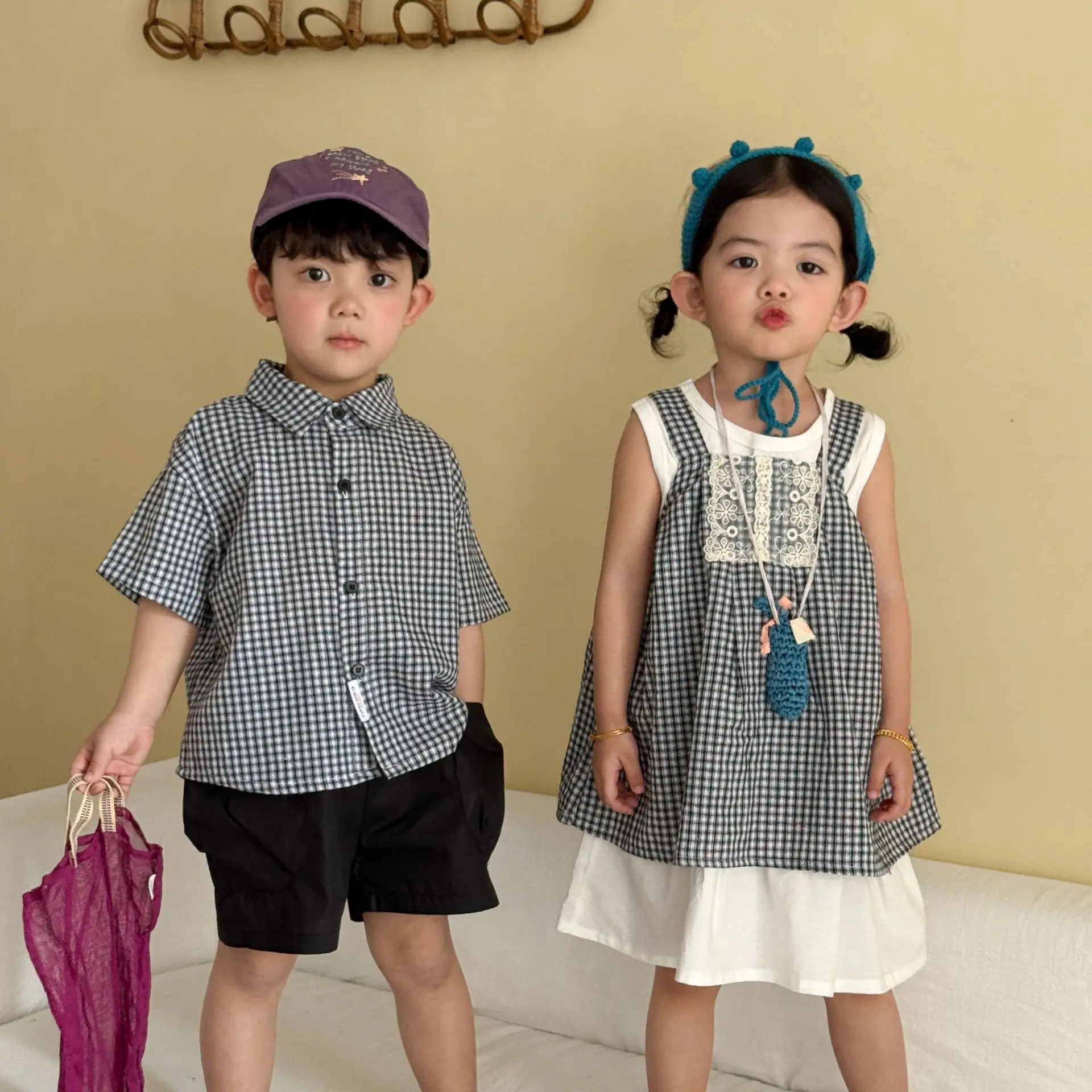 

2026 Summer New Children Short Sleeve Clothes Set Boys Plaid Shirts Shorts 2pcs Suit Girls Cute Vest Dress Kids Sibling Outfits