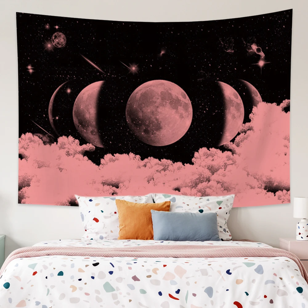 Psychedelic Moon Phase Tapestry Black Night Sky Pink Cloud Wall Hanging Moon Blanket Home Decor Wall Hanging Tapestry