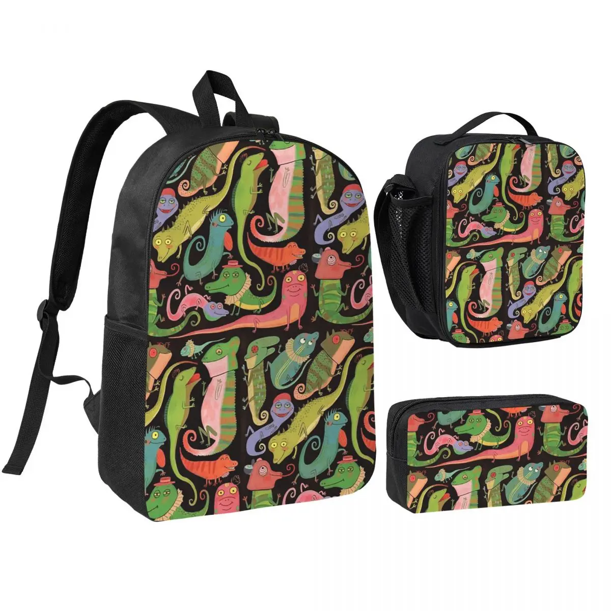 Cartoon Reptile Pattern Backpack Boys Girls BookBag School Bag Shoulder Bags 3ps Insulated Lunch Bag Pencil Case