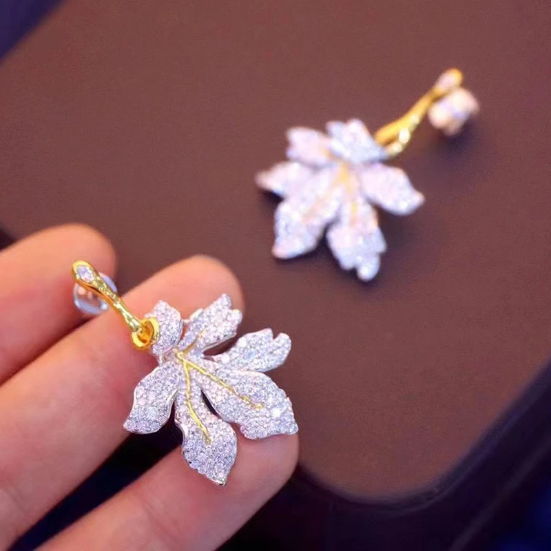 Maple Leaves Earring For Women Fine Jewelry  Elegant Cute Romantic 925Sterling Silver With Cubic Zirconia Free Shipping