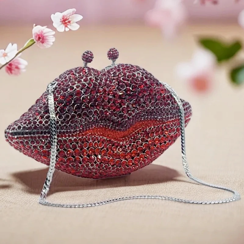 

WHTUOHENG Red/Pink Mouth Crystal Evening Clutches Rhinestone Bags Luxury Women Diamond Wedding Purse Prom Handbag Party Purses