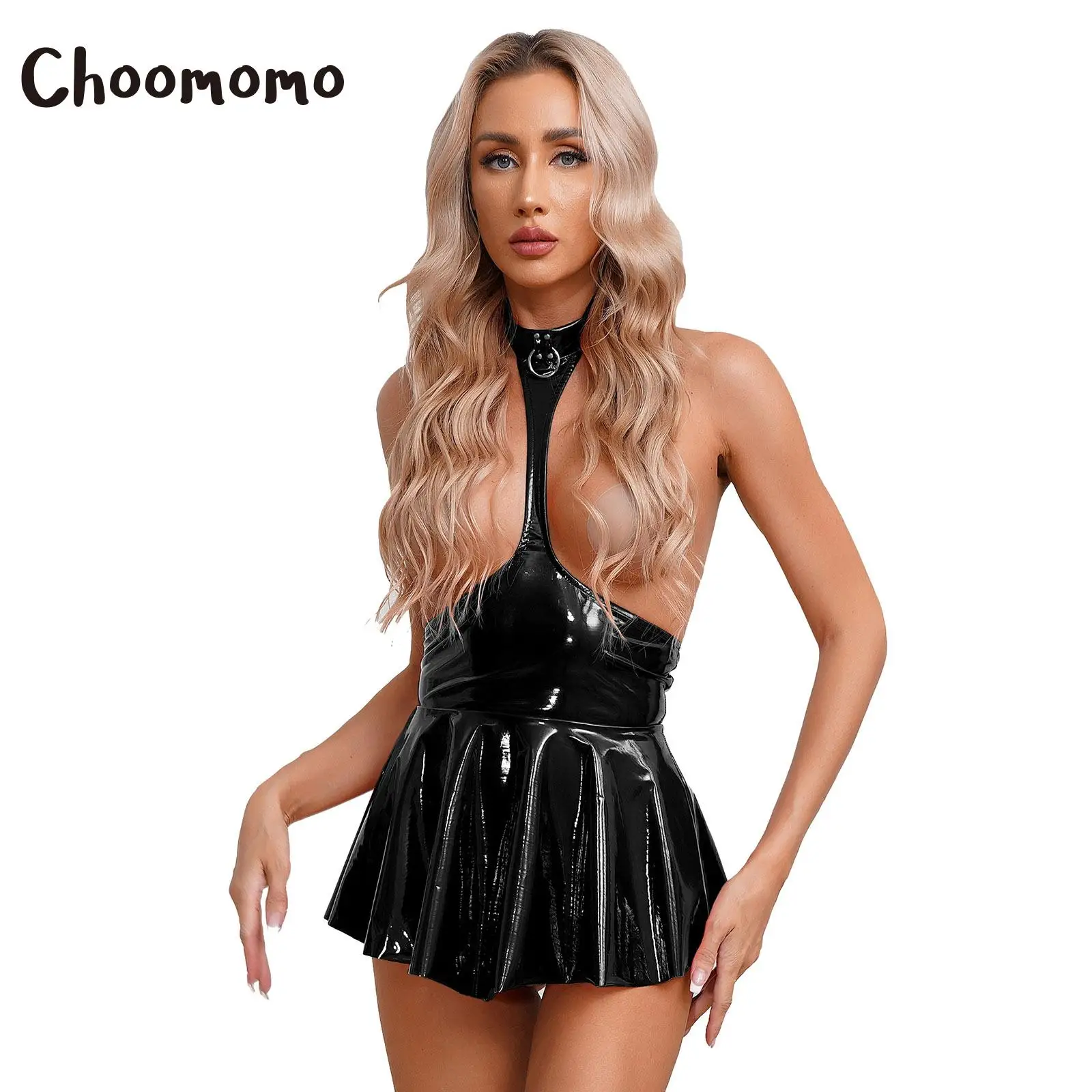 

Womens Shiny Metallic Faux Leather Hollow Out Halter Backless Mini Skater Dress Wet Look Pleated A Line Skirt Party Clubwear