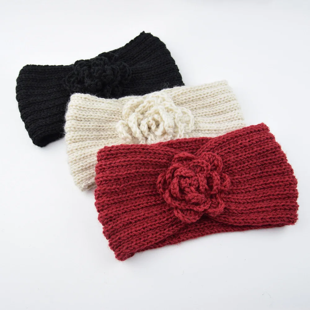 Women Rose Flower Knitted Headbands Women Autumn Winter Crochet Head Wrap wide Woolen Hairband Turban Bandana Hair Accessories