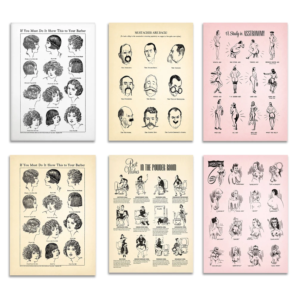 

Baffle hairstyle chart for short hair, retro men's beard type chart, chest type print, bathroom etiquette, humor poster