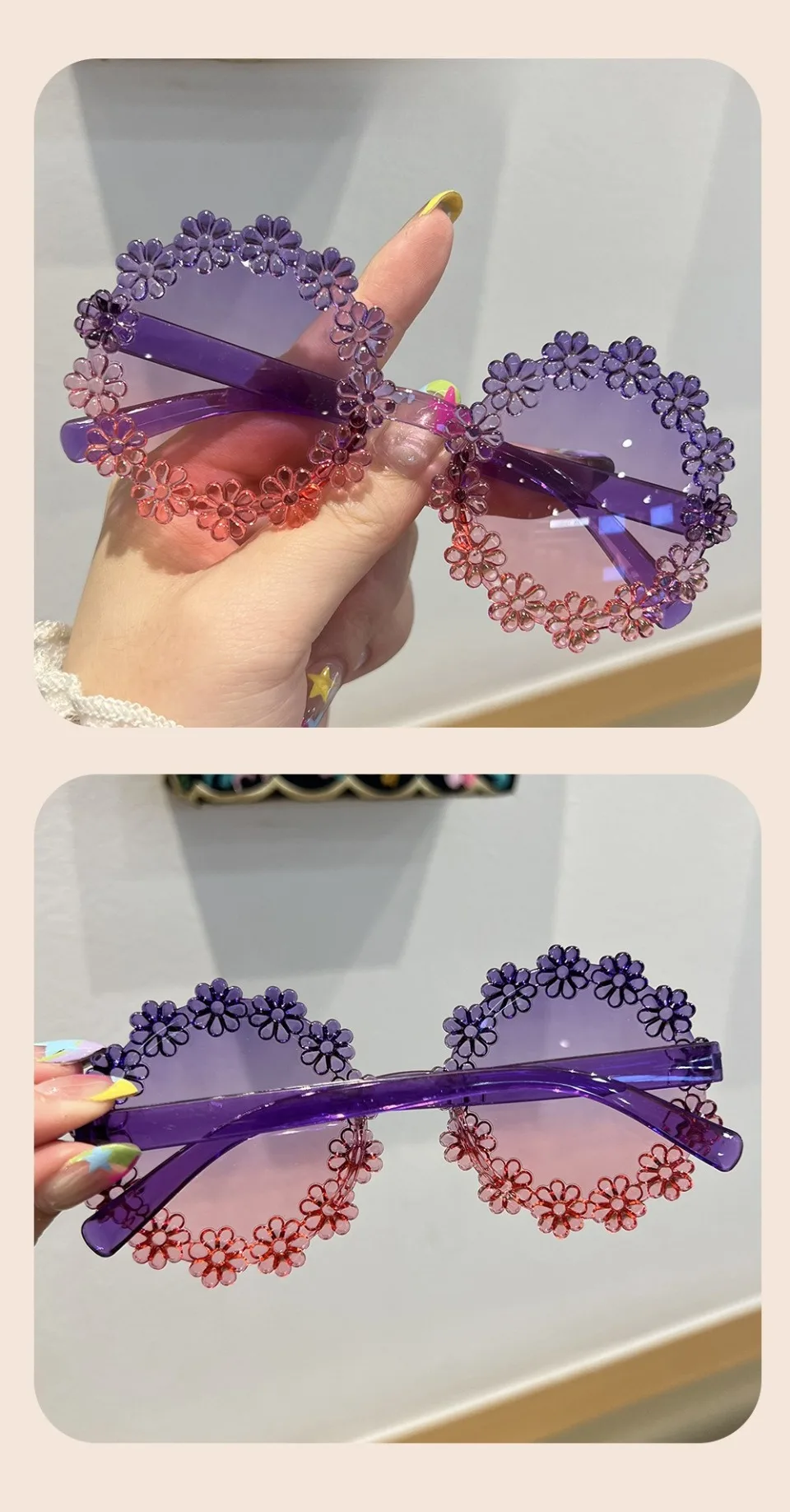 Blumenförmige Sonnenbrille für Mädchen, stilvolle mehrfarbige Dekor-Sonnenbrille für Kinder, trendige neue süße Kinder-Sonnenbrille – Detail 13