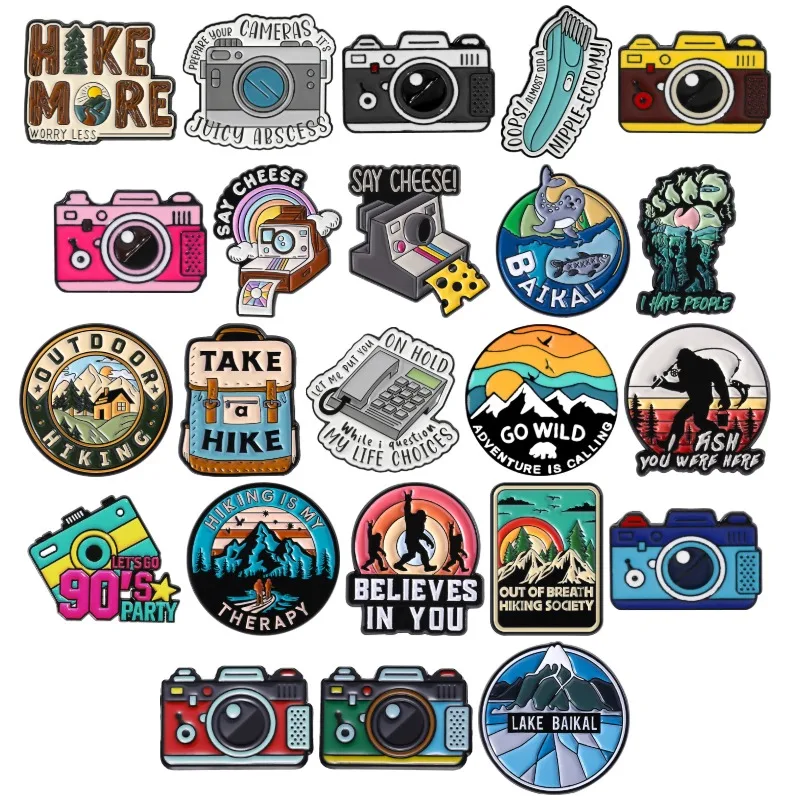 Outdoor Collection Enamel Pins Go Hiking Bigfoot Cameras Brooches Lake Montain Nature Scenery Badge Backpack Jewelry for Friends