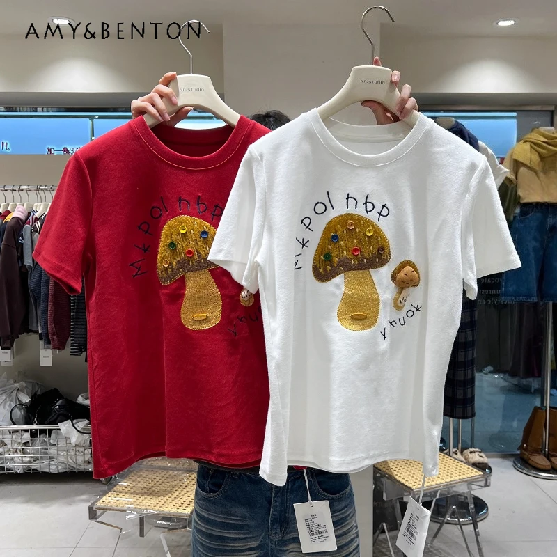 

Kawaii Thickened Brushed Short Sleeved T-shirt Ladies New Year Red Mushroom Embroidery Regular Shoulder Crew Neck Inner Wear Top
