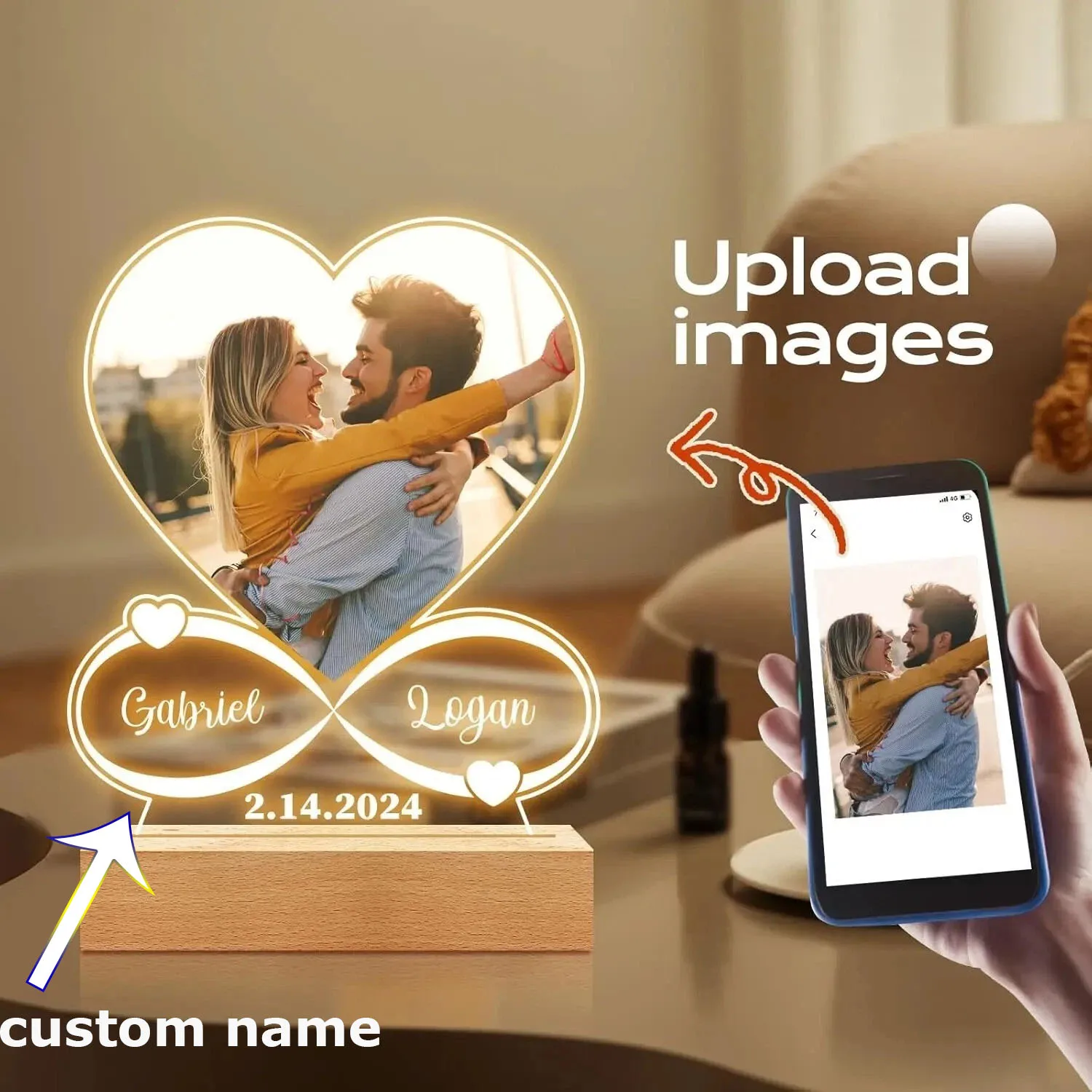 Personalized Couple Frame Acrylic Night Light Custom Photo Name LED Light USB Powered Bedside Desk Lamp Anniversary Gift