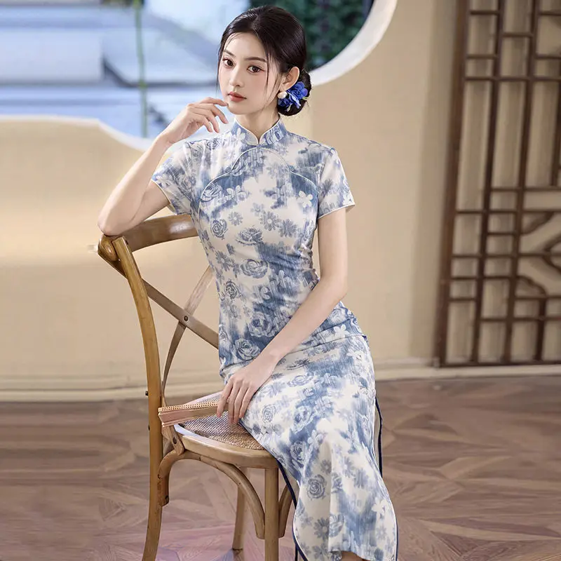 

Новое синее китайское ципао в стиле Сучжоу, улучшенная модель 2026 года, женское, ретро, с коротким рукавом, повседневное, летнее