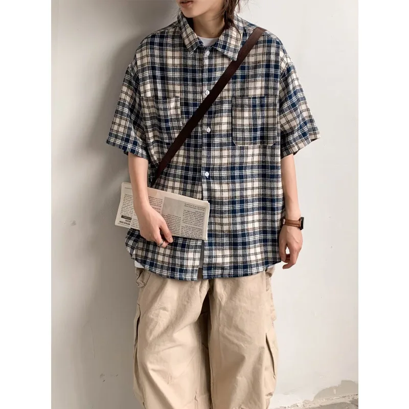 

Plaid short-sleeved shirt men's summer trendy brand ins Hong Kong style Japanese design shirt couple loose and versatile jacket