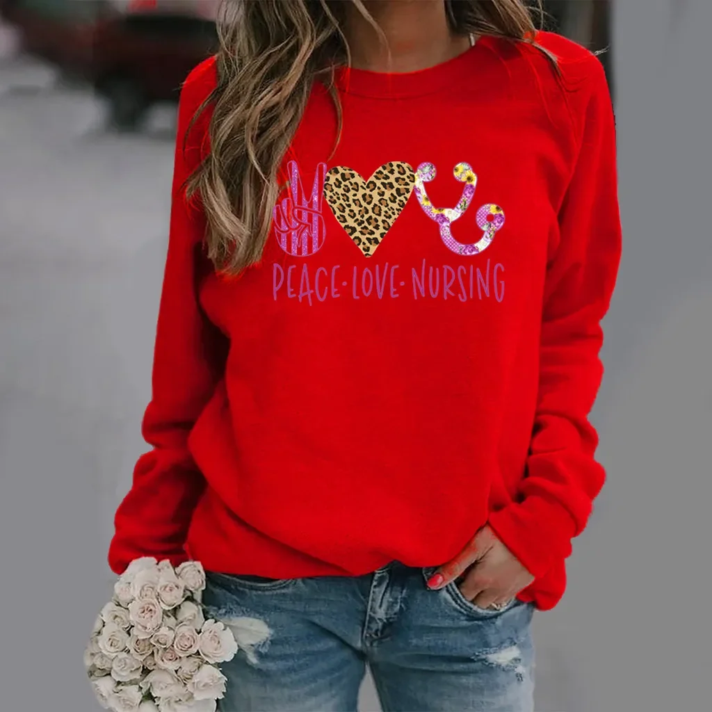 Love Pattern Printed Long-sleeved Crew-neck Hoodie Woman Sweatshirt Clothes Streetwear Women Sweatshirts