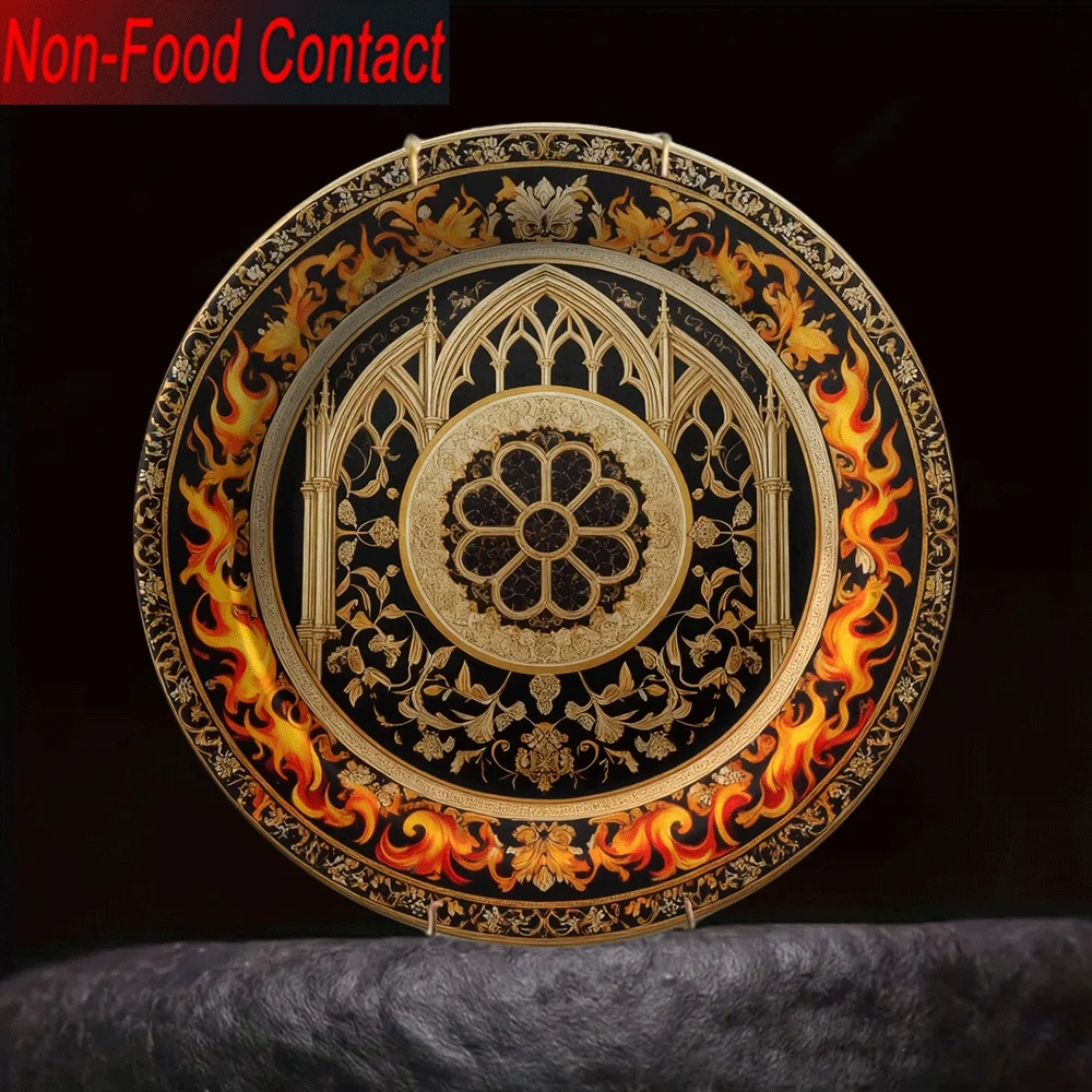 Christmas 2D 1pc Ceramic Decorative Plate, Gothic Architecture Pattern with Flame Edge Design, Non-Consumable Pure Decoration,