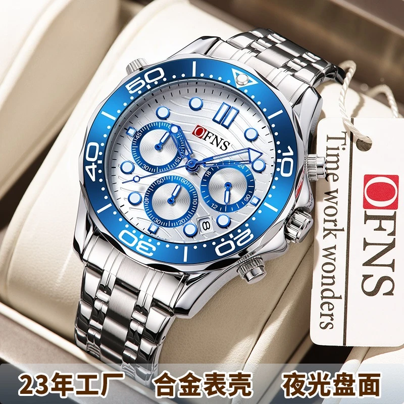売れ筋-ビジネスメンズ腕時計-6針クロノグラフ-カレンダー付き-クォーツ時計-防水-夜光スチールベルト-メンズ腕時計