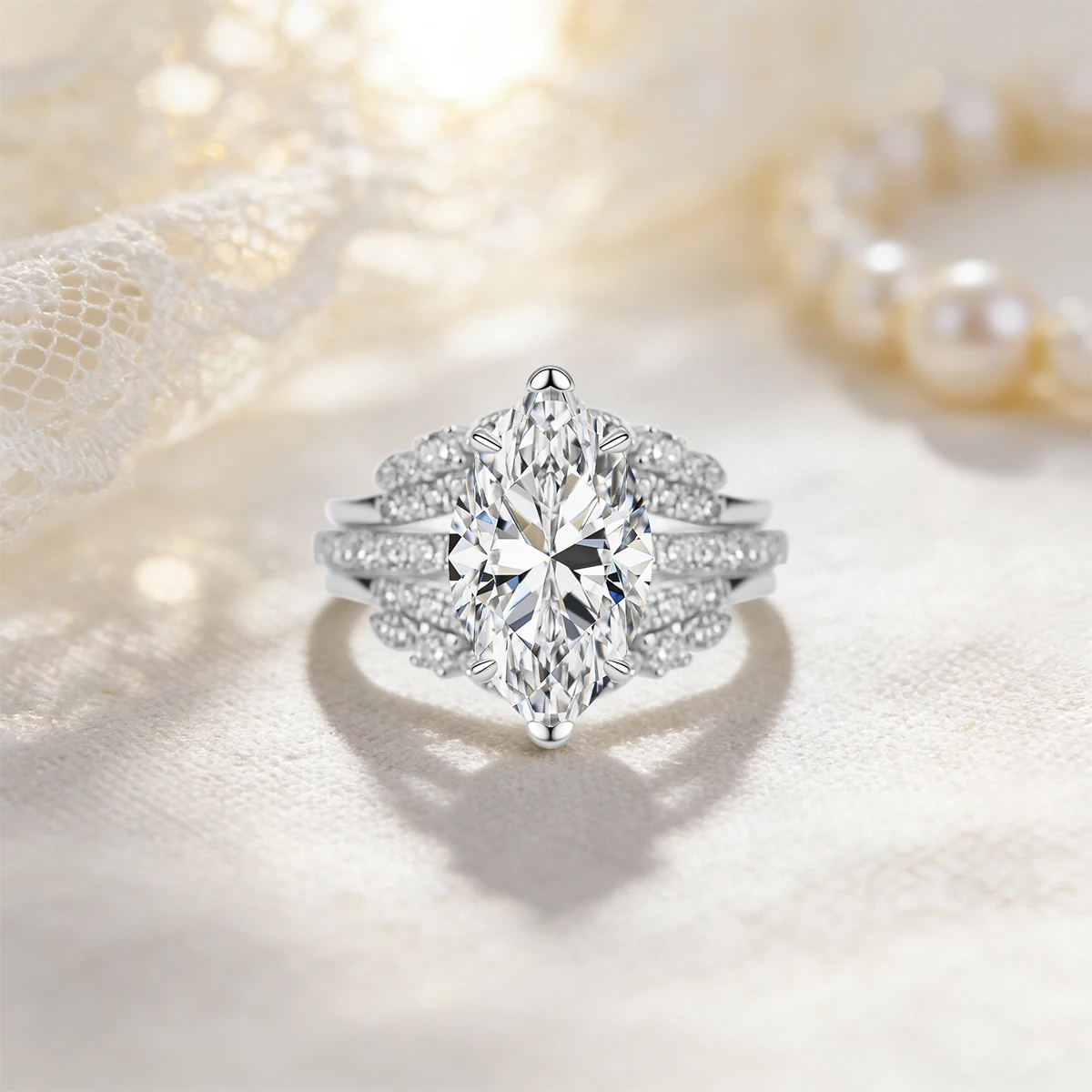 Halo-Verlobungsring-Set für Damen, 925 Sterling Silber, Marquise-Schliff Moissanit, Ehering, Brautschmuck – Detail 4
